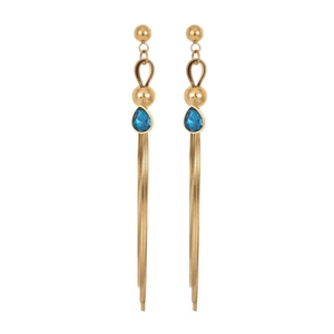 Elegant gold long tassel earrings with blue zircon stones and snake chain fringe details