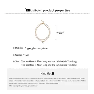 Detailed size specifications for zircon pearl bow pendant necklace set in copper