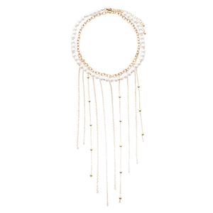 Elegant double-layer gold chain necklace with white faux pearls and delicate metal tassels