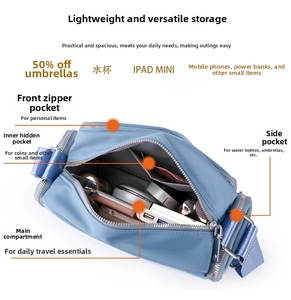Estructura interna del bolso de nailon azul con espacio para iPad Mini y paraguas