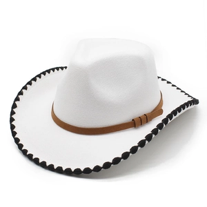 Chapeau De Cowboy Western Vintage Feutre Laine Large Bord Bordure Surjetée Bande Similicuir Hommes Femmes Rétro