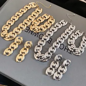 Chunky Chain Necklace Bracelet And Earrings With Silver Earring Post Iron Alloy Thick Link Industrial Style Women