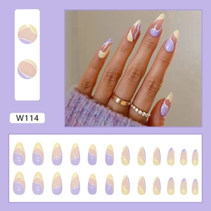 24pcs long almond press on nails with purple and yellow abstract wave designs