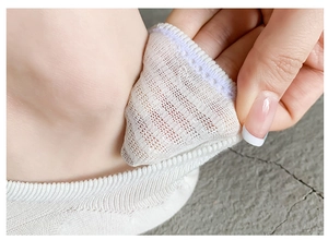 Detail of non-slip silicone heel grips on white cotton invisible boat socks for women