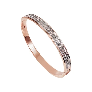 Rose gold open bangle featuring two rows of sparkling clear crystals in a sleek design
