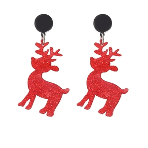 Festive red glitter reindeer drop earrings for women with black studs for Christmas