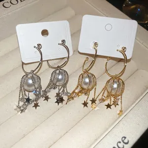 Gold and silver C-shaped star tassel earrings with pearls and zircon stones