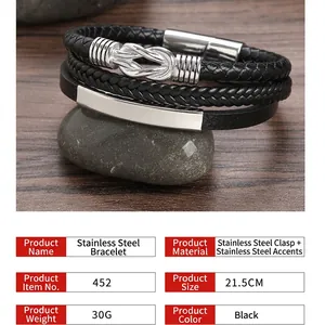 Handwoven black leather and stainless steel bracelet with sleek industrial metal accent