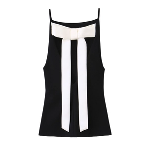 Sexy Spaghetti Träger Camisole Top Rückenfrei Slim Fit Ärmellos Polyester Schwarz Mit Weißer Schleife Hinten