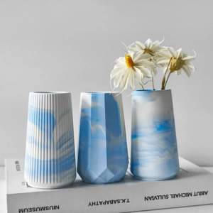 Modern blue marble resin vase mold set including geometric and ribbed textured styles
