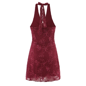 Burgundy halter neck mini dress featuring floral lace and sequins on an open back design