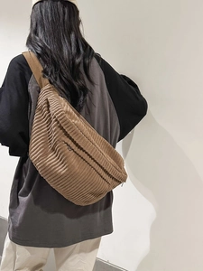 Brown corduroy crossbody chest bag for men and women featuring a casual minimalist style