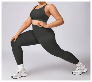 Detailed view of high-stretch sports bra and leggings set showing fabric flexibility