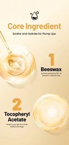 Lip care infographic showing beeswax and tocopheryl acetate for hydrating plump lips