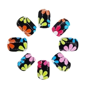 Short square black press-on nails with colorful daisy floral patterns and glossy finish