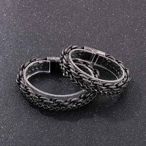Vintage punk rock stainless steel chain bracelets set with retro silver finish for men