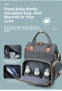 Detail of grey diaper backpack with insulated bottle pockets and waterproof inner layer