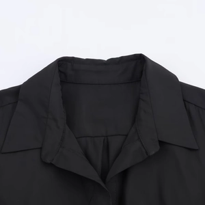Classic black shirt dress with a sharp turndown collar design and neat stitching details