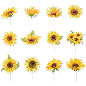 Detailed view of 12 watercolor sunflower paper cake toppers for party decoration