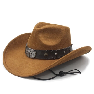 Brown faux suede western cowboy hat with vintage bull head buckle and leather strap