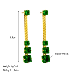 18K gold plated drop earrings with rectangular emerald green zircons and snake chain