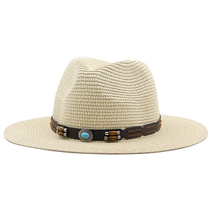 Straw cowboy sun hat in beige with turquoise bead band for beach and outdoor travel