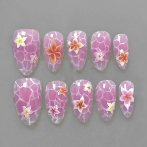Faux Ongles Forme Amande Texture Marbre Ondulation Eau Motif Fleur Tropicale Ongles Artificiels Femmes Style Été
