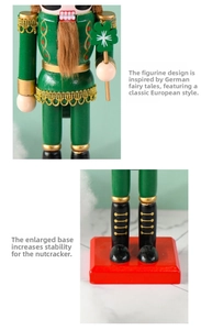 Detail of green Nutcracker soldier holding a clover scepter on a stable red base