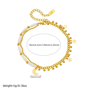 Double-layered gold stainless steel anklet with moon star charms and white beads