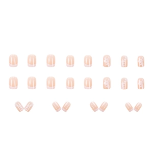 24pcs short square press-on nails with white French tips and camellia flower patterns