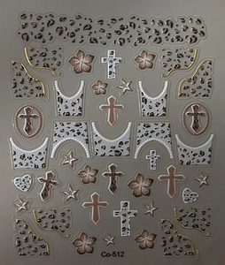 Detailed 5D embossed nail stickers featuring gold leopard print and cross motifs Co-512