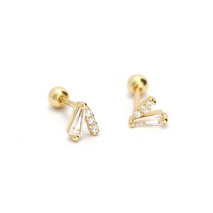 Gold V-shaped S925 silver stud earrings with sparkling baguette and round zircon stones