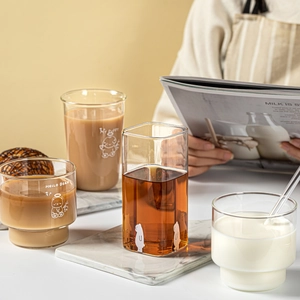 Cute cartoon glass cups with bear and puppy prints for coffee and milk beverages