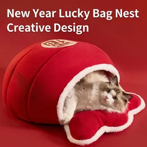 Lettino Caldo Rosso Per Gatti Dal Design Festoso A Sacchetto In Pile Ispessito E Spugna Memory Per Inverno