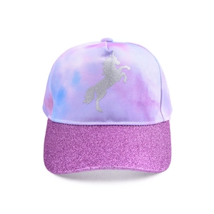 Detail of kids unicorn baseball cap with purple tie-dye fabric and pink sequined brim