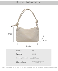 Detailed dimensions of off-white PU shoulder bag with knot strap and zip closure