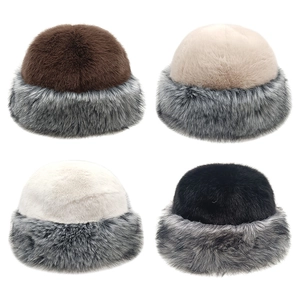 Winter Faux Fur Bucket Hat Thickened Warm Two Tone Mongolian Style Round Top Russian Cossack Plush For Women