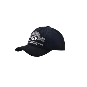 Close-up of black cotton baseball cap with white dolphin embroidery and curved brim