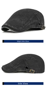 Detailed side view of washed vintage cotton duckbill hat with adjustable metal buckle