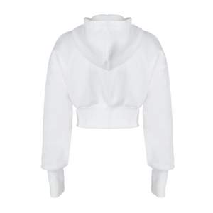 Rear view of white cropped zip-up hoodie featuring knitted texture and ribbed cuffs