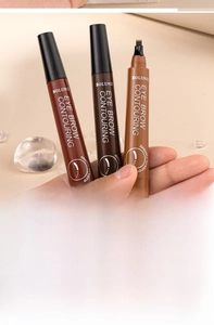 Three shades of four-fork eyebrow pencils shown with natural eye makeup detail