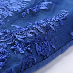 Macro shot of exquisite blue lace embroidery and 3D floral mesh on the elegant dress