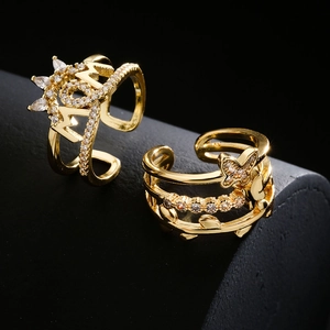 18K gold plated MOM crown and butterfly adjustable ring set with cubic zirconia stones