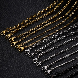 Polished stainless steel rolo chains with lobster clasps in gold, silver, and black