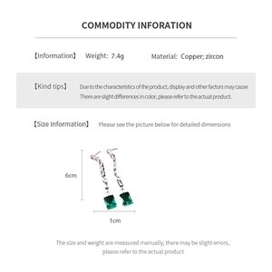 Detailed size specifications for green zircon drop earrings in copper material