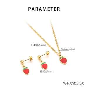 Detail of red strawberry jewelry set with dimensions and stainless steel material specs