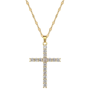 Elegant gold plated cross necklace with micro-paved cubic zirconia on white background