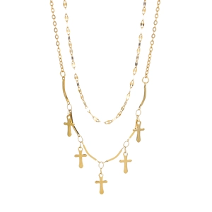 Double-layered gold stainless steel necklace featuring five cross pendants on a sleek tube chain