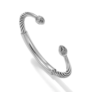 Vintage silver-colored men's open bangle bracelet with twisted cable design on white background