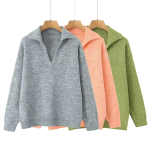 Pull Pour Femmes Tricot En Polyester Col Polo À Revers Col En V Manches Longues Coupe Ample Couleur Unie Mode Décontracté